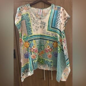 JOHNNY WAS Cupra Floral Short Sleeve Patchwork Boho Cotton Tunic Blouse